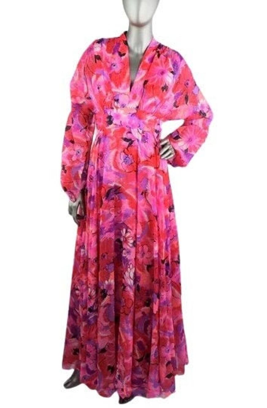 Vintage 1970s Red Pink Purple Chiffon Floral with Keyhole Cutout Small